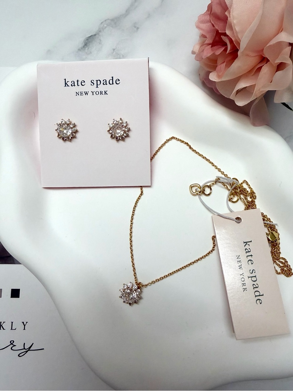 kate spade gold crystal floral necklace & stud earring set